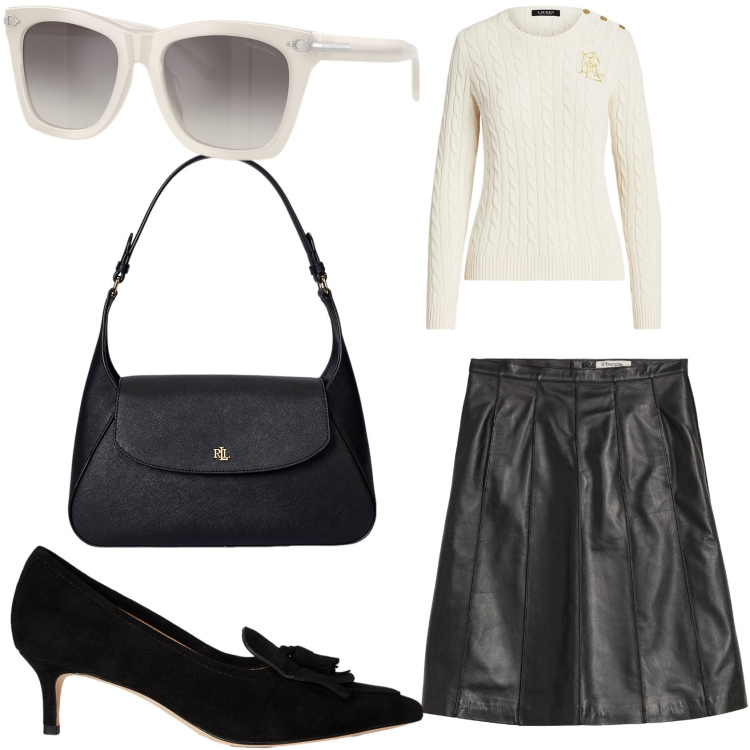 Outfit donna - L\'eleganza del nero e del bianco. Stile Chic per Tutti i giorni. Abbinamento con gonne, maglieria, borse a spalla, occhiali da sole, décolleté.