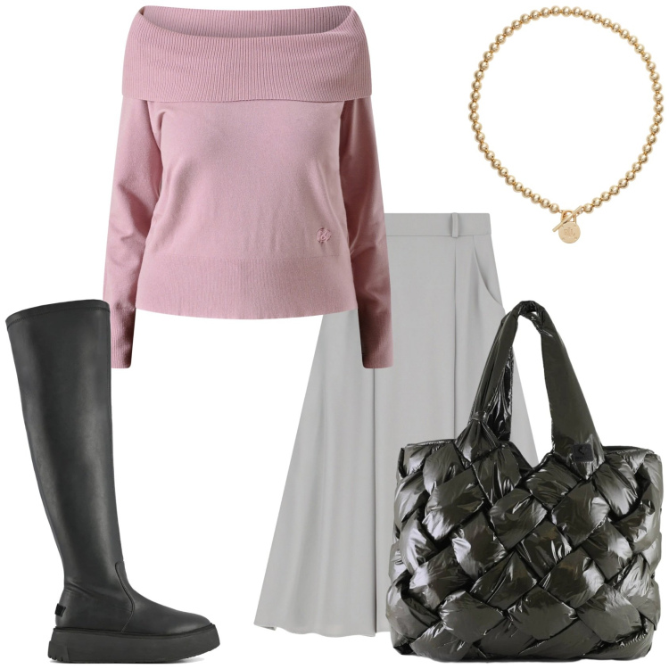 Outfit donna - In grigio e rosa. Stile Casual chic per Tutti i giorni. Abbinamento con maglieria, gonne lunghe, collane, borse tote, stivali sopra il ginocchio.