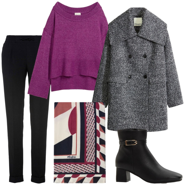 Outfit donna - Total look #2302430. Stile Basic per Ufficio. Abbinamento con maglieria, cappotti, pantaloni, stivaletti, foulard.