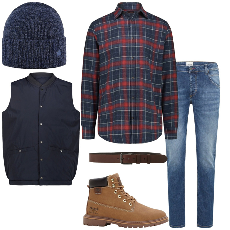 Outfit uomo - Total look #2302431. Stile Trendy per Tutti i giorni. Abbinamento con jeans dritti, stivali e stivaletti, cinture, cappelli, piumini, camicie.