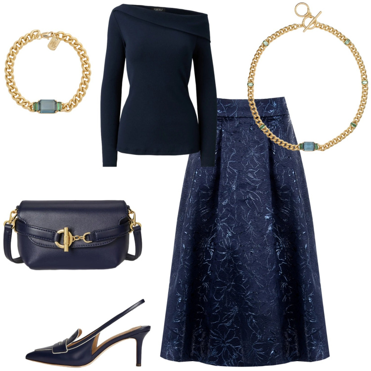 Outfit donna - Blu per le feste. Stile Bon Ton per Serata fuori. Abbinamento con gonne longuette, collane, braccialetti, borse a tracolla, top, décolleté.