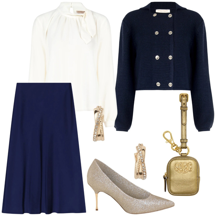 Outfit donna - Total look #2302435. Stile Chic per Serata fuori. Abbinamento con décolleté, blazer, bluse, gonne longuette, orecchini, pochette.