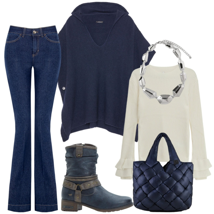 Outfit donna - Total look #2302436. Stile Urban per Tutti i giorni. Abbinamento con stivali, jeans a zampa, maglieria, borse tote, maglieria, ciondoli.