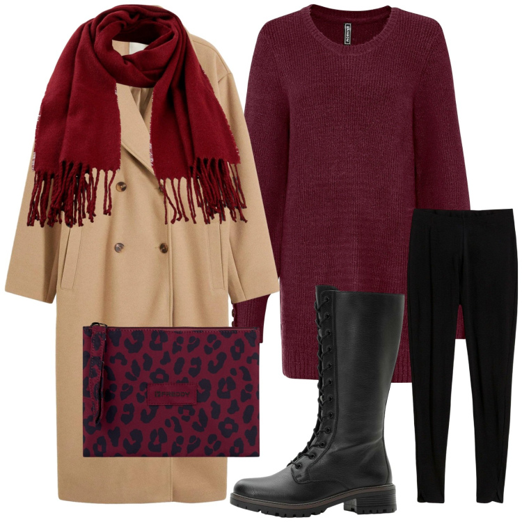 Outfit donna - Total look #2302437. Stile Chic per Tutti i giorni. Abbinamento con maglieria, leggings, sciarpe, stivali, cappotti, clutch.