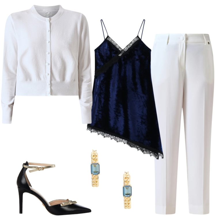 Outfit donna - Top blu per le feste. Stile Casual chic per Serata fuori. Abbinamento con décolleté, pantaloni, cardigans, vestiti asimmetrici, orecchini.