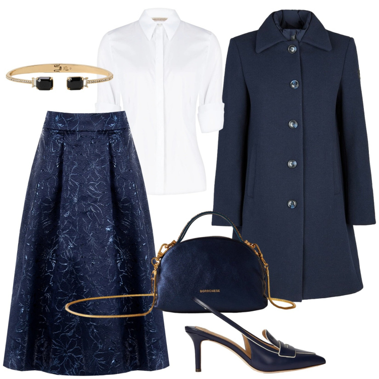 Outfit donna - L\'eleganza del blu. Stile Chic per Cerimonia. Abbinamento con gonne longuette, camicie, borse a mano, décolleté, braccialetti, cappotti.