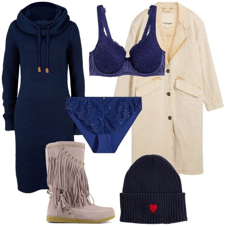 Outfit donna - Blu rilassante. Stile Bon Ton per Tutti i giorni. Abbinamento con vestiti, trench, culotte, berretti, reggiseni, stivali.