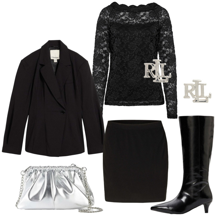 Outfit donna - Total look #2302442. Stile Glamour per Serata fuori. Abbinamento con blazer, maglieria, borse a tracolla, stivali, minigonne, orecchini.