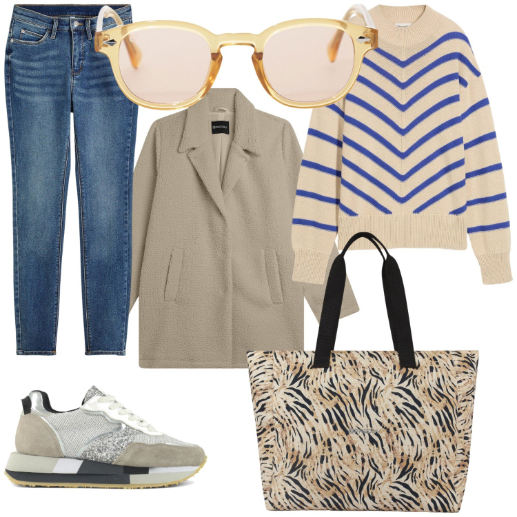 Outfit donna - La comodità in città. Stile Casual chic per Tutti i giorni. Abbinamento con jeans skinny, maglieria, occhiali da sole, cappotti, shopping bag, sneakers.