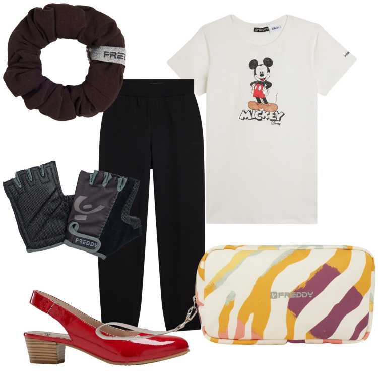 Outfit donna - Freddy e scarpe Bonprix. Stile Casual per Tutti i giorni. Abbinamento con décolleté, pantaloni, guanti, valigie, accessori per capelli, t-shirt.