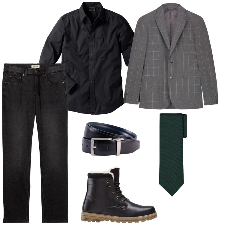 Outfit uomo - Cena informale. per Ufficio. Abbinamento con camicie, stivali e stivaletti, jeans dritti, cinture, giacche, cravatte.