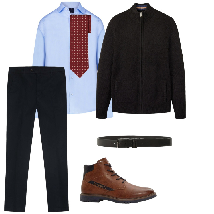 Outfit uomo - Una giornata super. per Tutti i giorni. Abbinamento con cardigans, anfibi, cinture, camicie, cravatte, pantaloni.