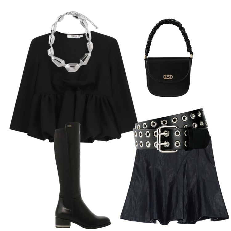 Outfit donna - Black. Stile Urban per Serata fuori. Abbinamento con cinture, minigonne, top, borse a mano, stivali sopra il ginocchio, ciondoli.
