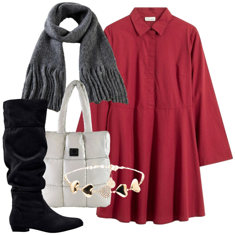 Outfit donna - Warm & Chic. Stile Chic per Ufficio. Abbinamento con stivali, sciarpe, vestiti chemisier, braccialetti, shopping bag.