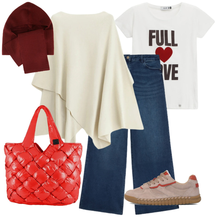 Outfit donna - Warm & Chic. Stile Casual chic per Tutti i giorni. Abbinamento con maglieria, t-shirt, sciarpe, borse tote, sneakers, jeans.
