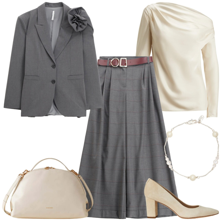 Outfit donna - Total look #2302458. Stile Chic per Cerimonia. Abbinamento con pantaloni, blazer, borse a mano, bluse, décolleté, braccialetti.