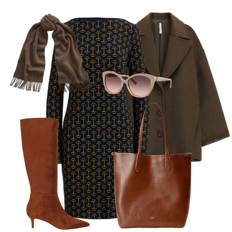 Outfit donna - Warm & Chic. Stile Chic per Tutti i giorni. Abbinamento con cappotti, occhiali da sole, vestiti, sciarpe, borse tote, stivali.