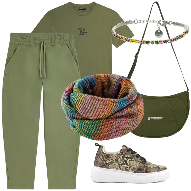 Outfit donna - Total look. Stile Casual chic per Tutti i giorni. Abbinamento con foulard, pantaloni, t-shirt, borse a spalla, braccialetti, sneakers.