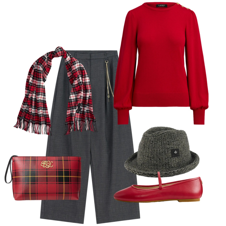 Outfit donna - Warm & Chic. Stile Chic per Tutti i giorni. Abbinamento con pantaloni a palazzo, maglieria, sciarpe, pochette, ballerine, cappelli.