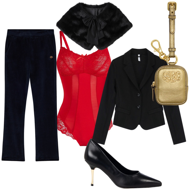Outfit donna - W il rosso per le feste. Stile Glamour per Serata fuori. Abbinamento con body, décolleté, stole, blazer, pantaloni, pochette.