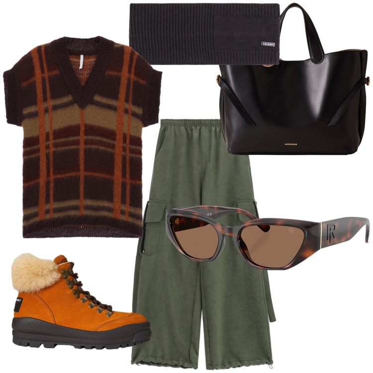 Outfit donna - Gli occhiali da diva ma sportiva. Stile Trendy per Tutti i giorni. Abbinamento con pantaloni a palazzo, maglieria, shopping bag, accessori per capelli, stivaletti, occhiali da sole.