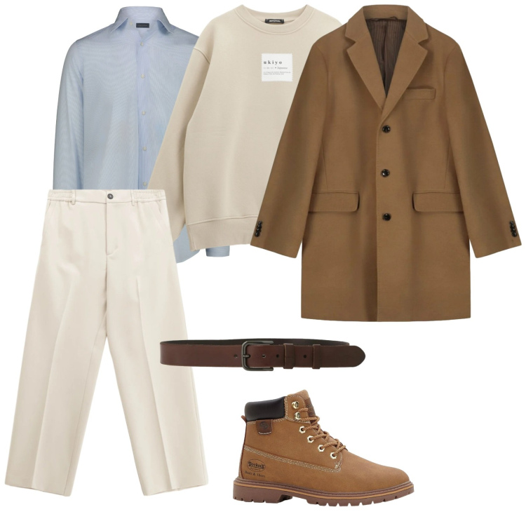 Outfit uomo - Ordine e linee. per Tutti i giorni. Abbinamento con stivali e stivaletti, pantaloni, cinture, felpe, camicie, cappotti.