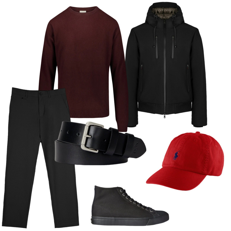 Outfit uomo - Festa a tema qualcosa di rosso. per Serata speciale. Abbinamento con cinture, sneakers, cappelli, pantaloni chino, giacche, maglieria.