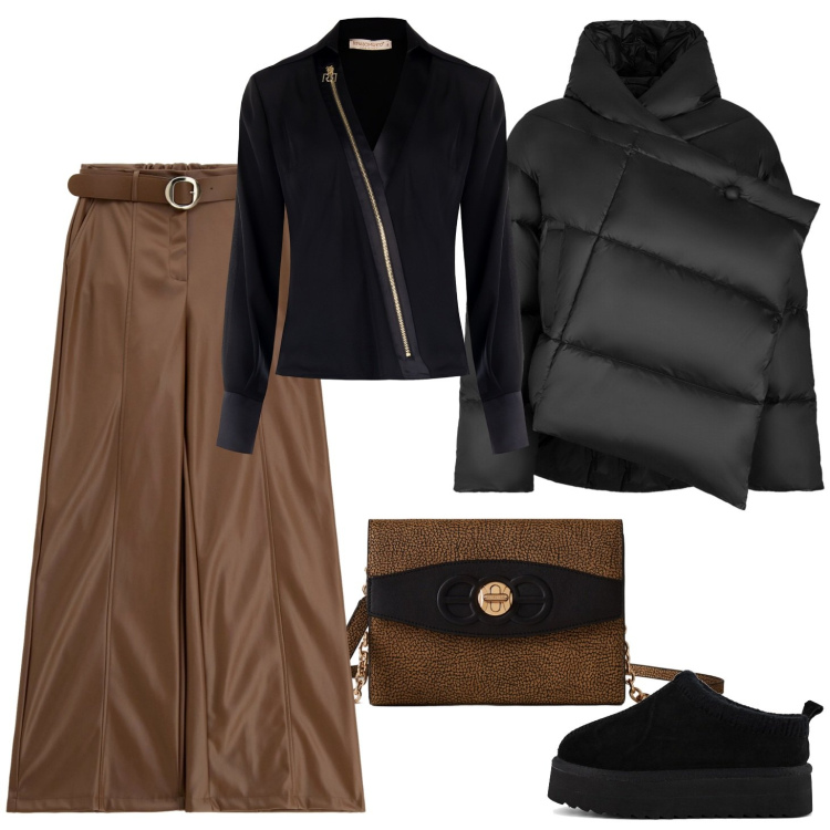 Outfit donna - Giochi di forme. Stile Casual per Tutti i giorni. Abbinamento con bluse, pantaloni, borse a tracolla, blazer, sabot.