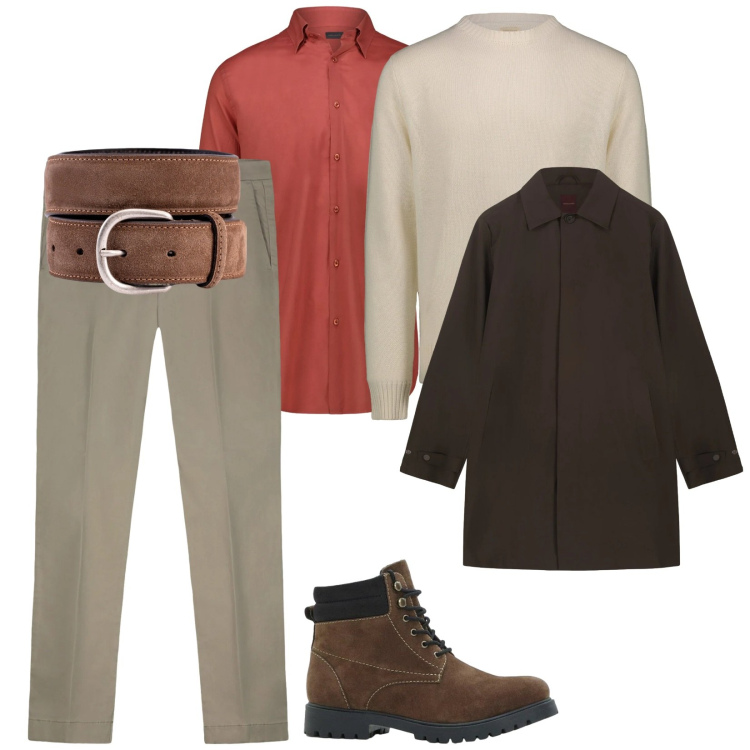 Outfit uomo - Per le feste. per Tutti i giorni. Abbinamento con stivali e stivaletti, camicie, pantaloni chino, maglieria, cinture, trench.
