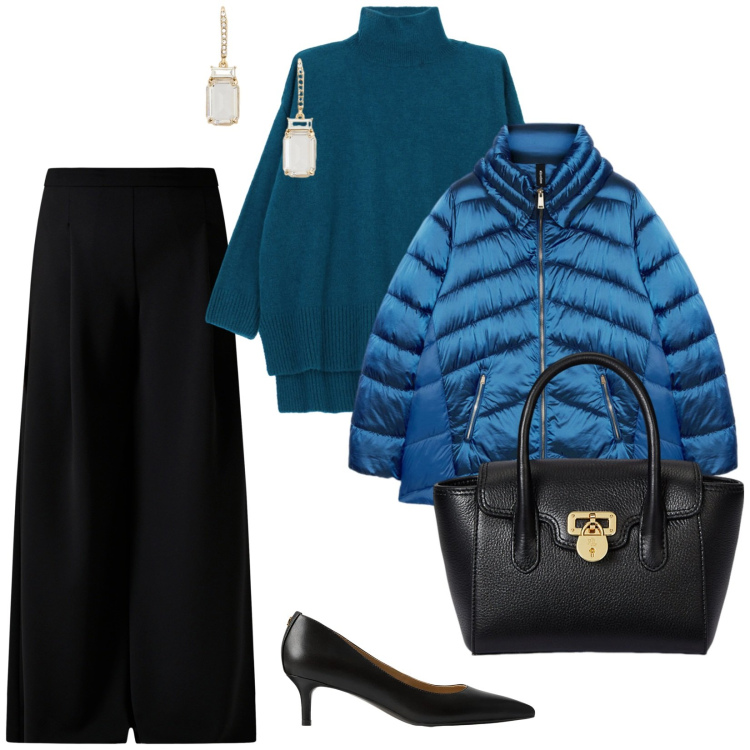 Outfit donna - Fuori per un caffè. per Tutti i giorni. Abbinamento con pantaloni a palazzo, maglieria, borse a mano, décolleté, orecchini, piumini.