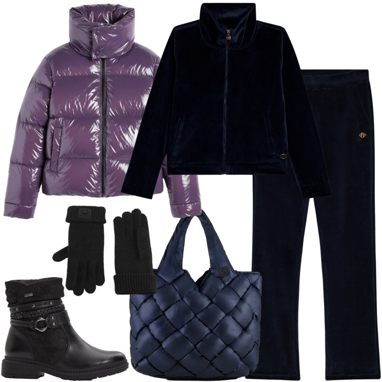 Outfit donna - Sporty-chic - Il piumino viola. Stile Sporty chic per Tutti i giorni. Abbinamento con stivaletti, pantaloni, felpe, piumini, borse tote, guanti.