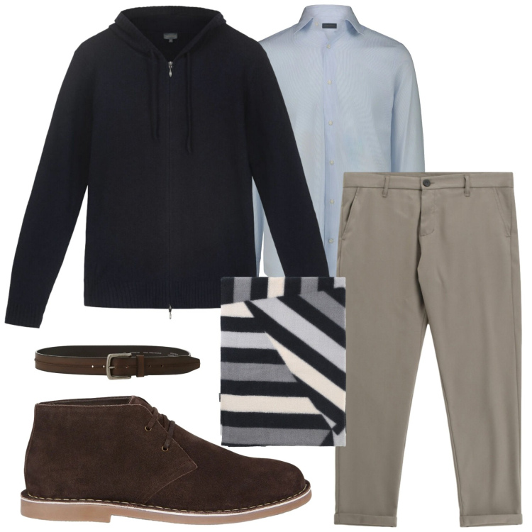 Outfit uomo - Total look #2302486. Stile Casual per Tutti i giorni. Abbinamento con pantaloni, cinture, sciarpe, stivali e stivaletti, camicie, felpe con cappuccio.