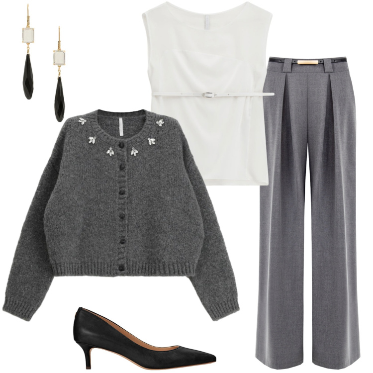 Outfit donna - Minimalismo elegante. Stile Chic per Serata fuori. Abbinamento con pantaloni a palazzo, top, cardigans, décolleté, orecchini.