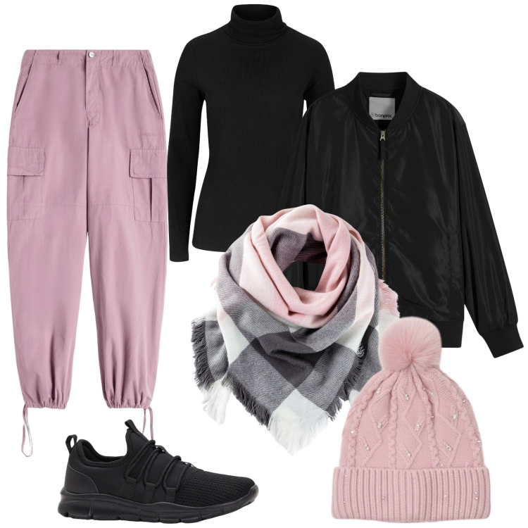 Outfit donna - Rosa e Nero. Stile Sporty chic per Tutti i giorni. Abbinamento con sneakers, maglieria, foulard, bomber, berretti, pantaloni cargo.