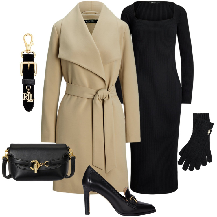 Outfit donna - Minimalismo elegante. Stile Chic per Serata fuori. Abbinamento con vestiti, cappotti, décolleté, borse a tracolla, portachiavi, guanti.