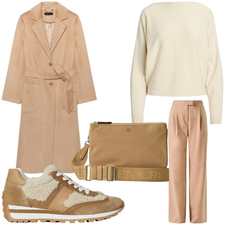 Outfit donna - Semplice. Stile Casual chic per Tutti i giorni. Abbinamento con pantaloni, sneakers, maglieria, borse a tracolla, cappotti.