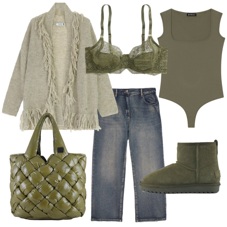 Outfit donna - Il cardigan con le frange. Stile Casual chic per Scuola/Università. Abbinamento con cardigans, body, reggiseni, borse tote, jeans, stivali.