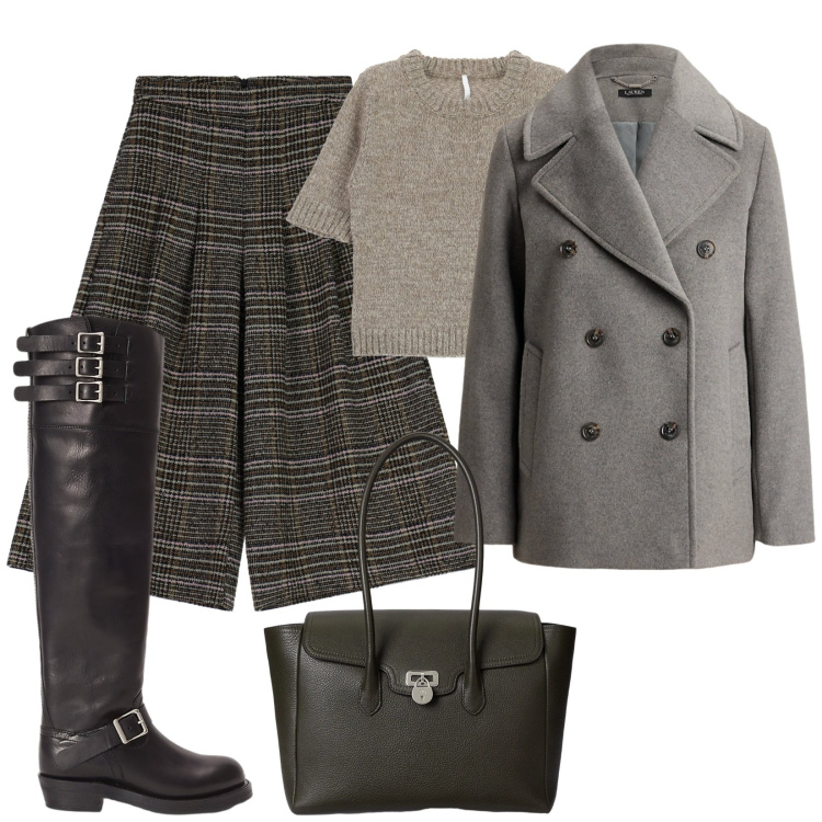 Outfit donna - Grigio Vintage. Stile Vintage retrò per Tutti i giorni. Abbinamento con pantaloni a palazzo, maglieria, stivali, cappotti, borse a mano.