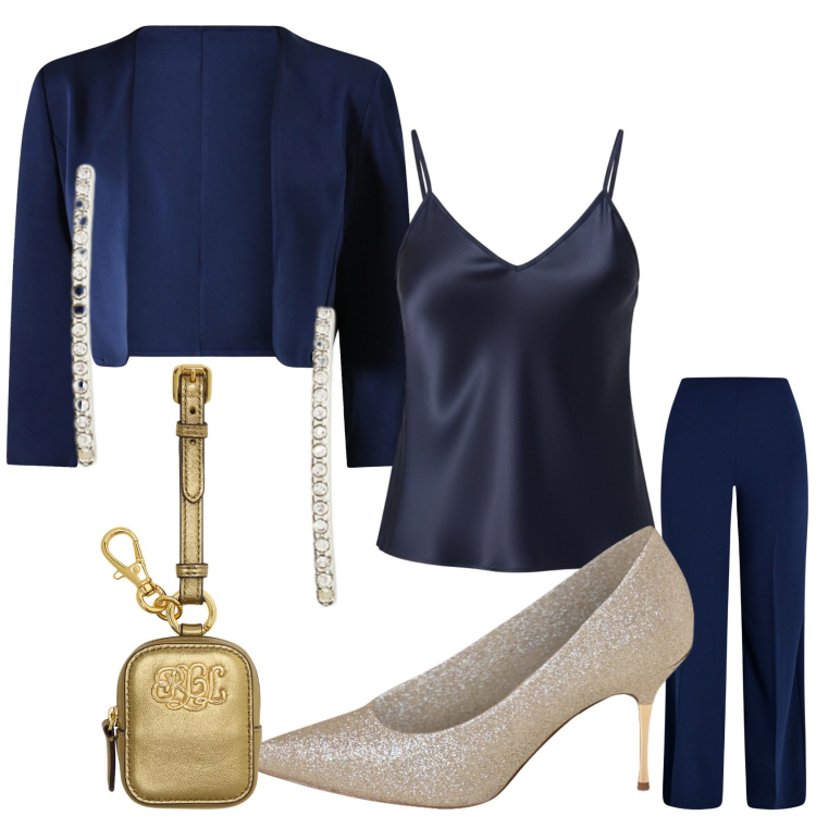 Outfit donna - Blue and gold. Stile Glamour per Serata fuori. Abbinamento con pantaloni a palazzo, bolero, décolleté, canottiere, pochette, orecchini.