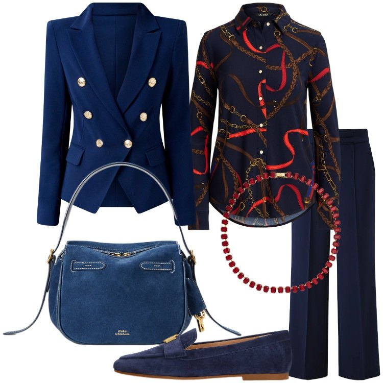 Outfit donna - Blu per le feste - @susystyle. Stile Bon Ton per Serata fuori. Abbinamento con pantaloni a palazzo, blazer, camicie, mocassini, borse a mano, collane.