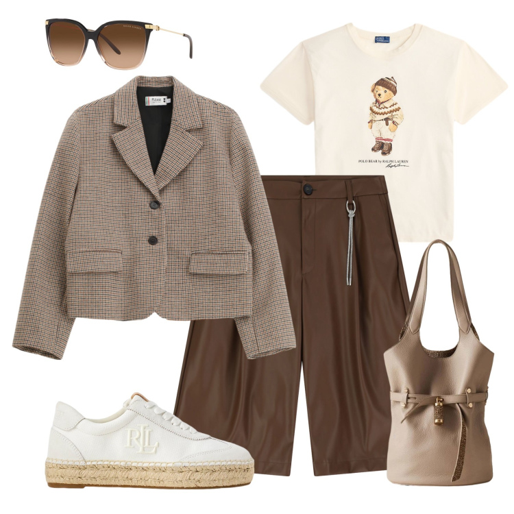 Outfit donna - Beige e marrone wow. Stile Sporty chic per Scuola/Università. Abbinamento con blazer, bermuda, borse a secchiello, occhiali da sole, sneakers, t-shirt.