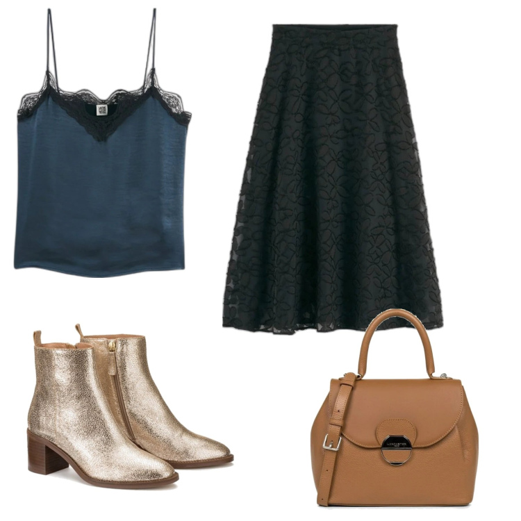 Outfit mujer - Lady vomoda%. para Noche/Fiesta elegante. Combinación con botines, camiseta, faldas, bolsos de mano.