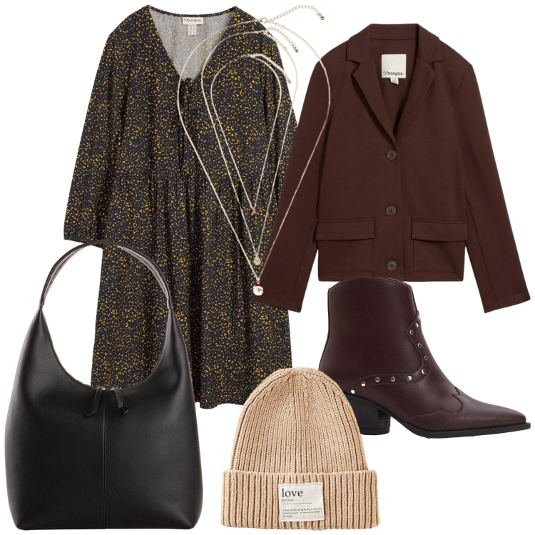 Outfit donna - Look a Bonprix davvero. Stile Urban per Ufficio. Abbinamento con blazer, vestiti, berretti, shopping bag, stivaletti texani, collane.