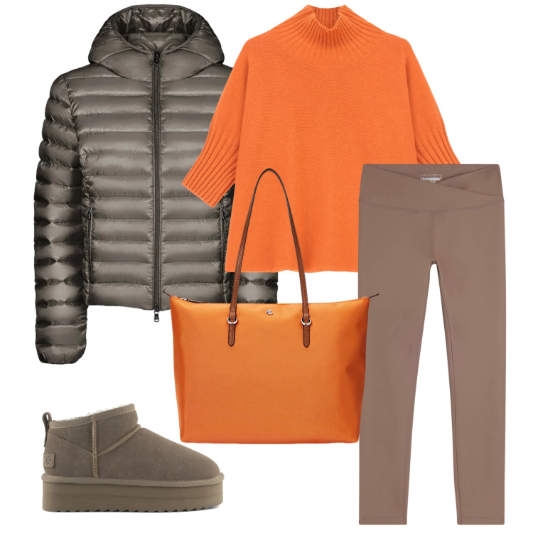 Outfit donna - Total look #2302522. Stile Casual per Sport. Abbinamento con maglieria, leggings, borse tote, bomber, stivaletti.