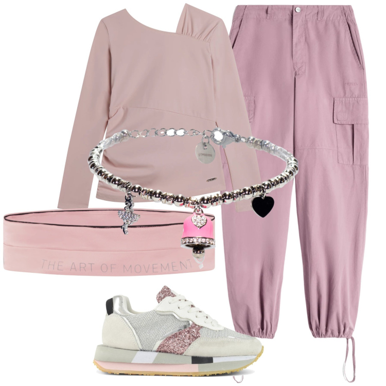 Outfit donna - Pink power. Stile Casual chic per Tutti i giorni. Abbinamento con pantaloni cargo, marsupi, maglieria, braccialetti, sneakers.