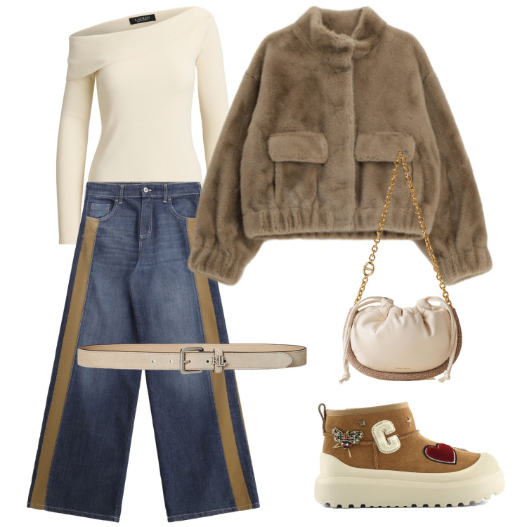 Outfit donna - Comodità con classe. Stile Urban per Scuola/Università. Abbinamento con jeans a zampa, blazer, borse a spalla, cinture, top, stivali.