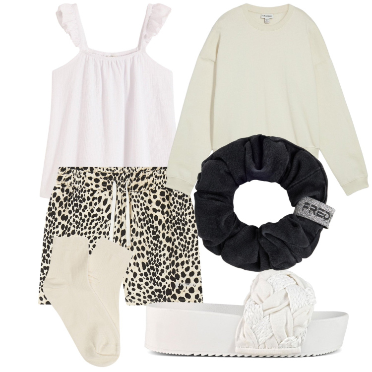 Outfit donna - Finalmente a casa. Stile Basic per Tutti i giorni. Abbinamento con top, felpe, pantaloni corti, accessori per capelli, ciabatte, collant.