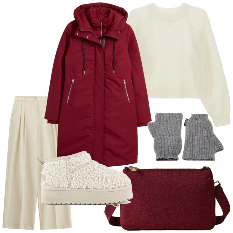 Outfit donna - Il pratico parka. Stile Minimal per Ufficio. Abbinamento con piumini, pantaloni a palazzo, maglieria, borse a tracolla, guanti, stivaletti.