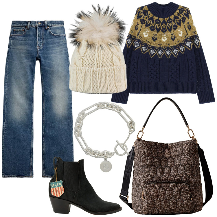 Outfit donna - Bellissimo Bracciale. Stile Casual per Tutti i giorni. Abbinamento con maglieria, borse a secchiello, jeans bootcut, stivaletti chelsea, braccialetti, berretti.