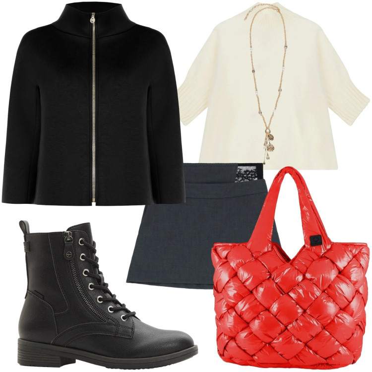 Outfit donna - Con le amiche. Stile Basic per Tutti i giorni. Abbinamento con stivaletti, cappe, minigonne, maglieria, borse tote, ciondoli.